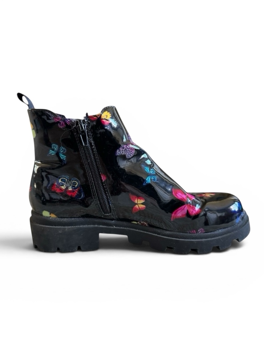Steve Madden Patent Butterfly Chelsea Ankle Boots Black Multicolor Streetwear 5